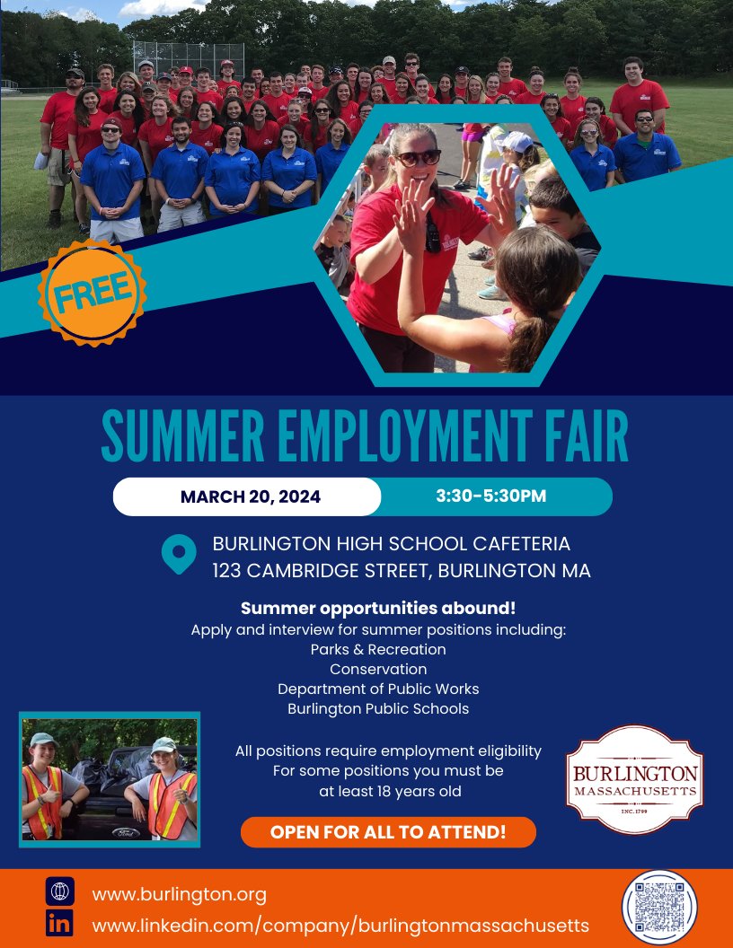 Your summer job is waiting for you! Join us at our Summer Employment Fair on March 20th, 3:30-5:30pm at BHS! #Burlington_Rec #BurlingtonDPW #ConCom_01803 #bhschat #bpschat #bhsprincipal #BurlingtonMA