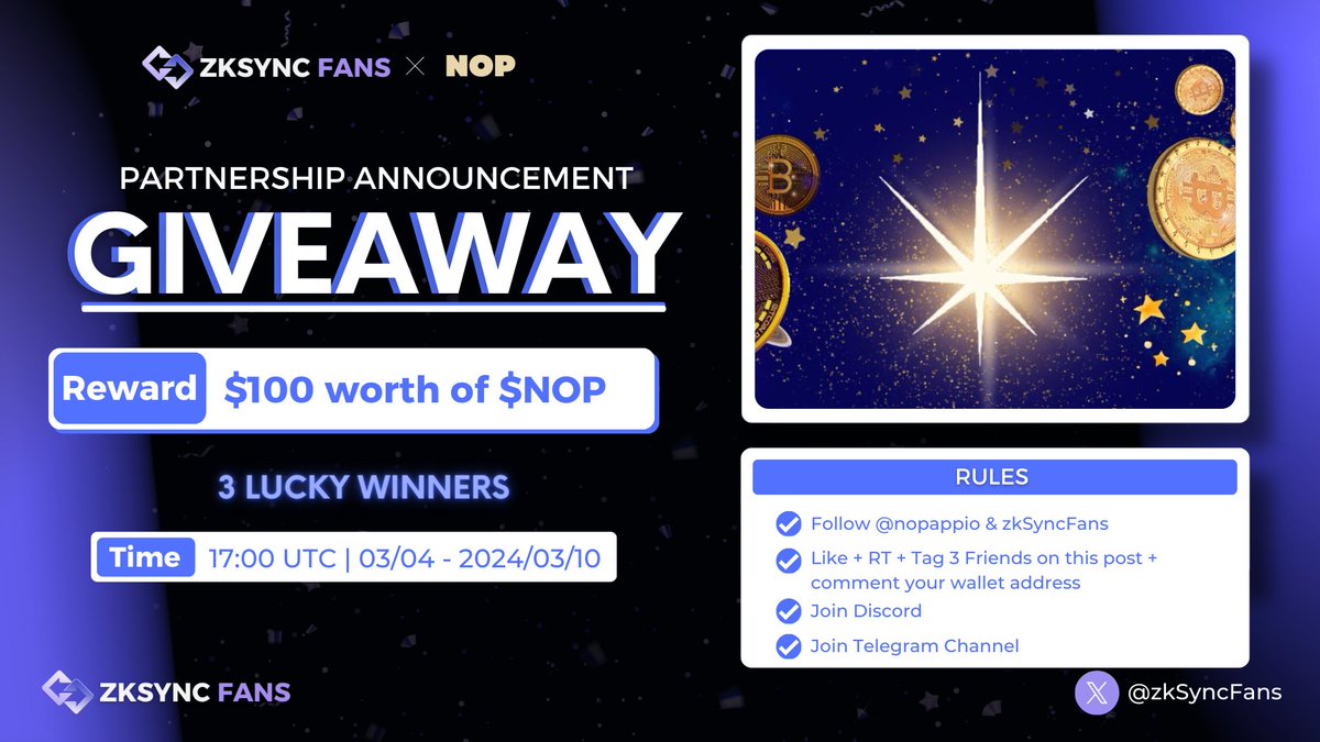 📣We are excited to host #giveaway with @nopappio 🎁Reward Pool: $100 NOP 🚀 1st: 50$ worth of NOP tokens 🚀 2nd: 30$ worth of NOP tokens 🚀 3rd: 20$ worth of NOP tokens ✅Rules: 1️⃣Follow @nopappio & @zkSyncFans 2️⃣Like + RT + comment your wallet address and Tag 3 Friend 3⃣Join…