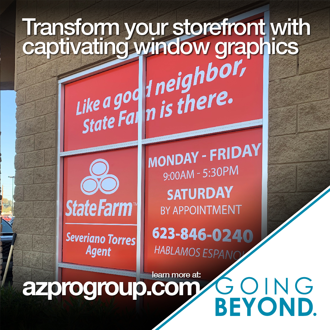 AZProGroup's tweet image. Captivating window graphics! From bold brand messages to eye-catching promotions, our designs turn passersby into customers.

#WindowGraphics #LargeFormatPrinting #vinylInstallation #goingBEYOND #azprogroup