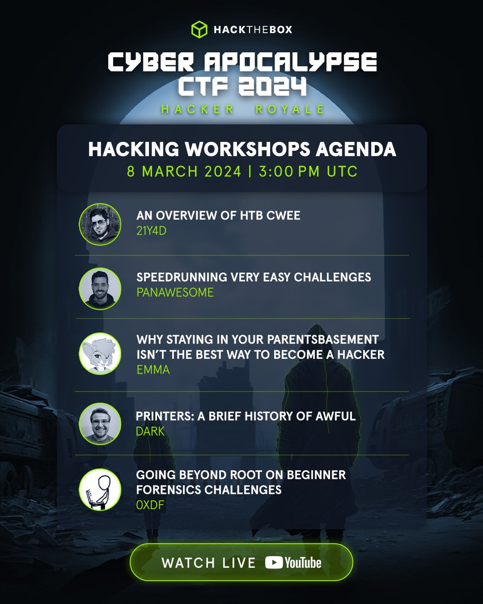 Hack The Box (@hackthebox_eu) on Twitter photo Lights, camera, HACKING π₯
This perfectly sums up our upcoming #CyberApocalypse24 workshops! Tune in on March 8 at 3:00 PM UTC for exclusive sessions with our very own #cybersecurity experts, <a href="/21y4d/">21y4d</a>, <a href="/darkstar7471/">Jon | Dark (he/him)</a>, <a href="/0xEmma/">0xEmma π</a>, and <a href="/0xdf_/">0xdf</a>.
π Set a reminder: okt.to/MFLgDk Lights, camera, HACKING π₯
This perfectly sums up our upcoming #CyberApocalypse24 workshops! Tune in on March 8 at 3:00 PM UTC for exclusive sessions with our very own #cybersecurity experts, <a href="/21y4d/">21y4d</a>, <a href="/darkstar7471/">Jon | Dark (he/him)</a>, <a href="/0xEmma/">0xEmma π</a>, and <a href="/0xdf_/">0xdf</a>.
π Set a reminder: okt.to/MFLgDk