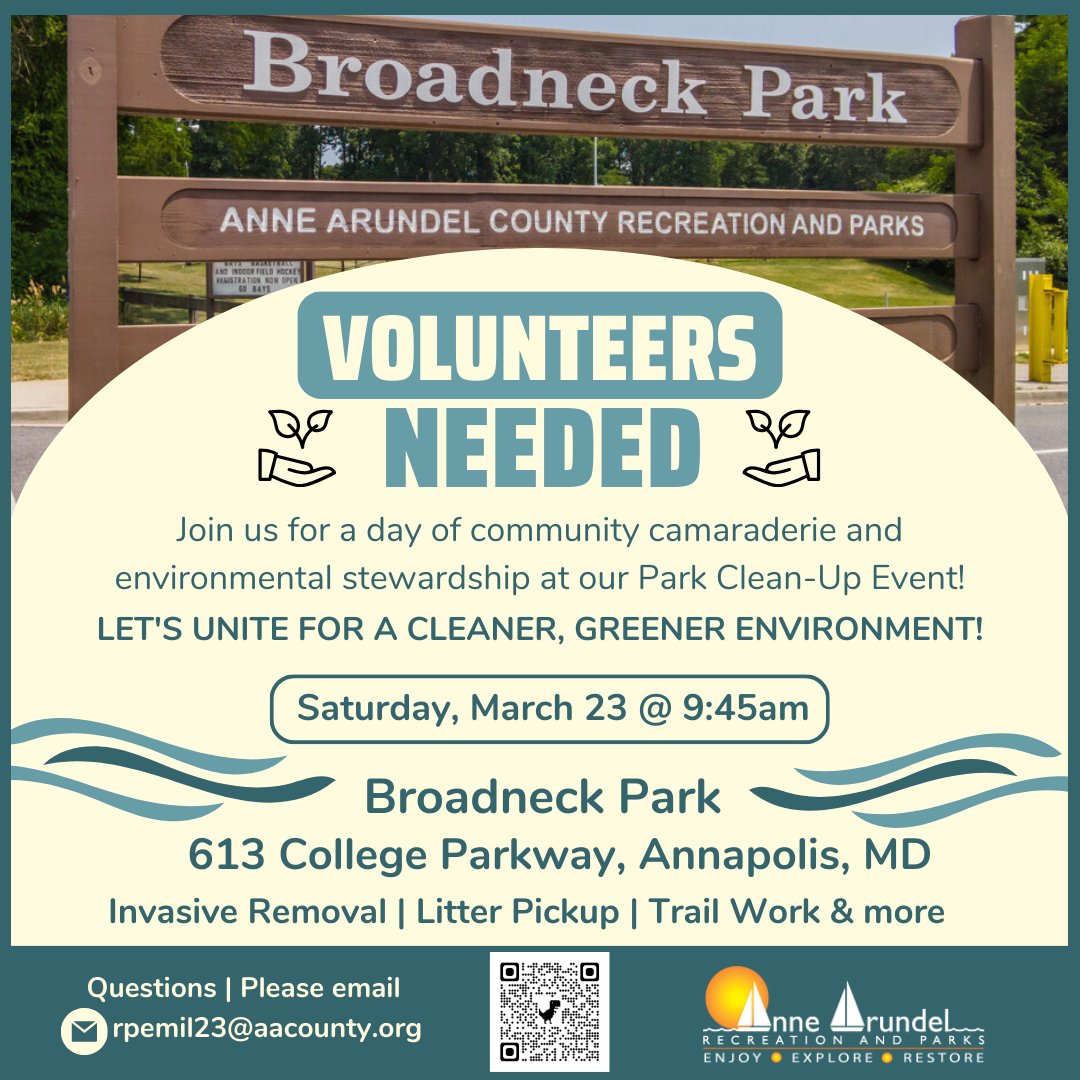 RecParks's tweet photo. 🌍🚯 Join us at Broadneck Park on Saturday, March 23 at 9:45 am for a community park clean-up event! Let's show our love for the environment by removing invasive species, picking up litter, and enhancing the trails.  🌿💪 

Register here: https://t.co/HzQGYdbCGP https://t.co/UYt2sQODJ7