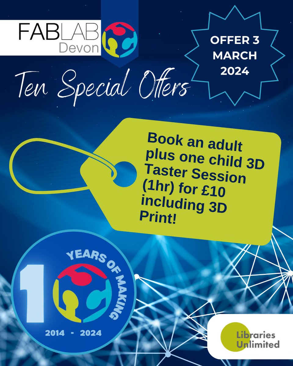 FabLab Devon (@fablabdevon) on Twitter photo Fancy trying something new with your child? Come and learn how to create a 3D Keyring together and we'll 3D Print it for you. Please note the adult has to stay with the child for this session. Interested? Do email us fablab@librariesunlimited.org.uk
#fablabdevon Fancy trying something new with your child? Come and learn how to create a 3D Keyring together and we'll 3D Print it for you. Please note the adult has to stay with the child for this session. Interested? Do email us fablab@librariesunlimited.org.uk
#fablabdevon