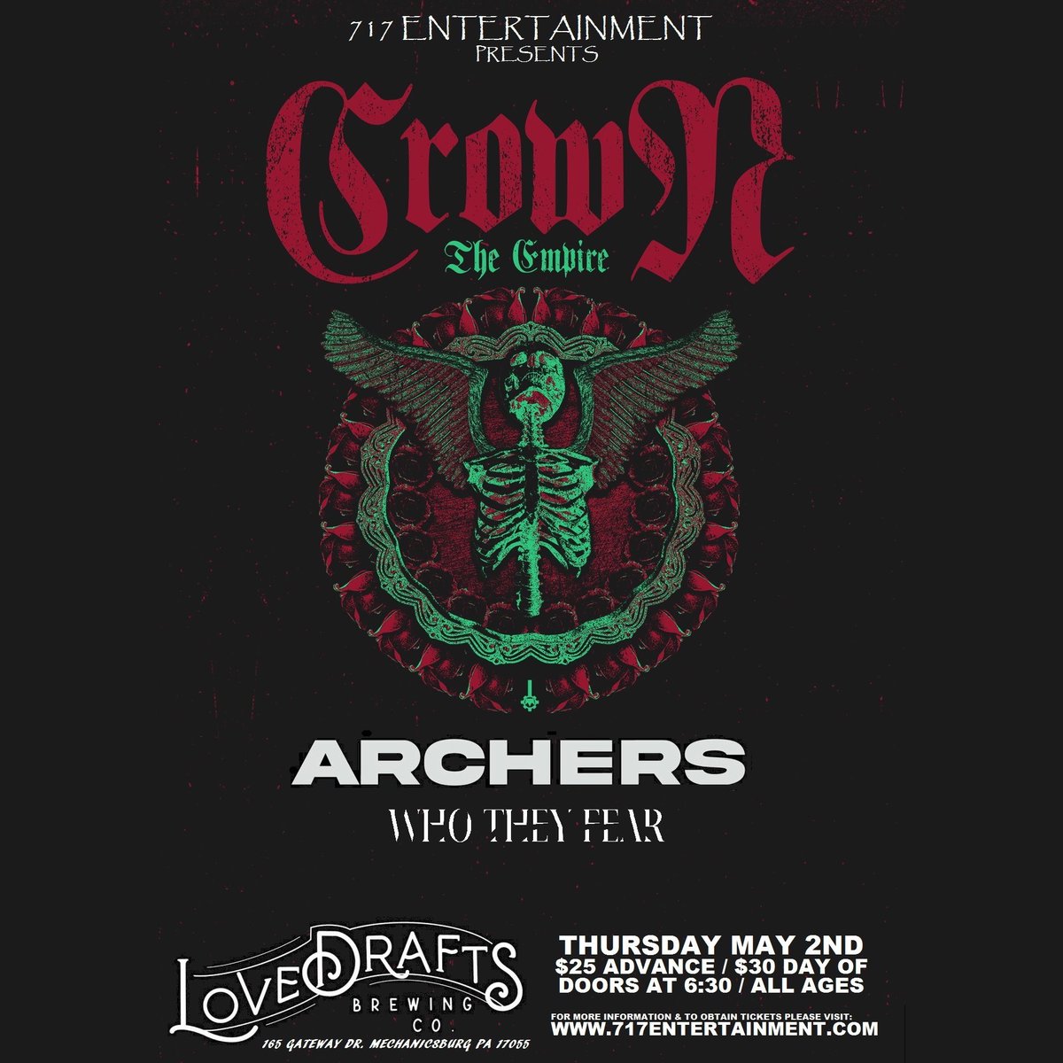 MECHANICSBURG, PA 🔊 We’re excited to announce that we’ll be supporting @CrownTheEmpire along with @WhoTheyFearBand on 5/2 at Lovedraft’s! Tickets are on sale now, get yours before they sell out 🖤 bit.ly/3P5ccPk