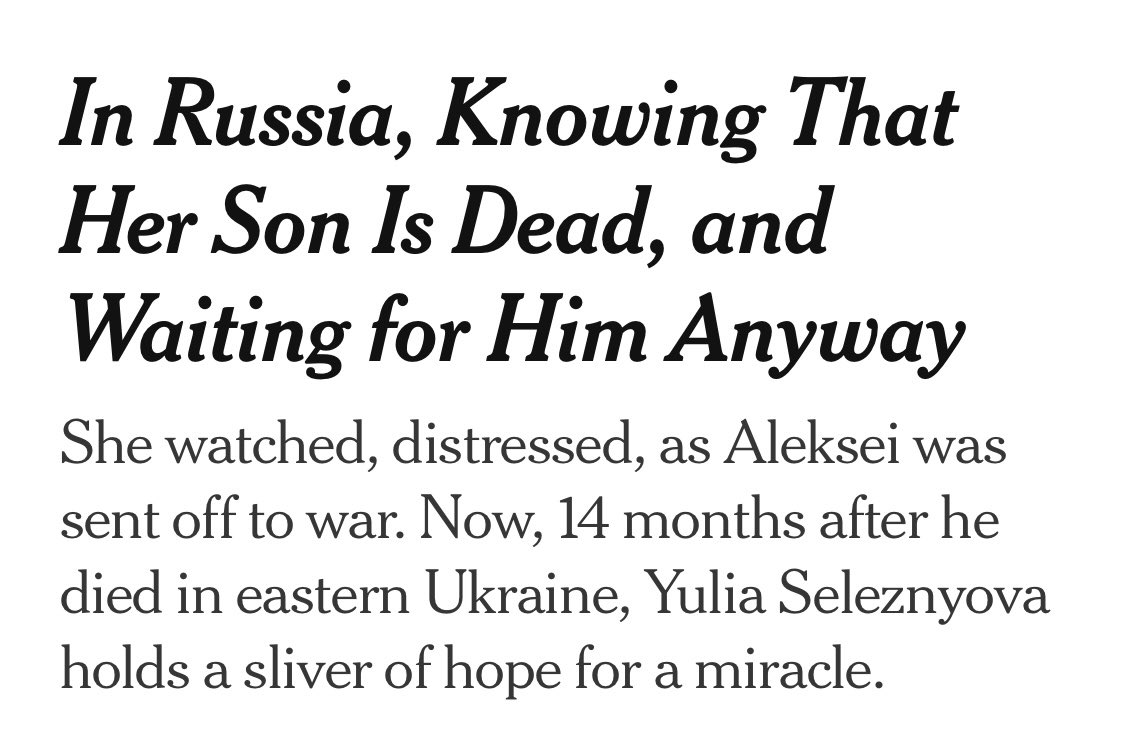 OstapYarysh's tweet photo. 1. A Russian soldier goes to Ukraine to kill people and occupy their land.
2. He dies. 
3. NYT writes a story about what a good son he was and that his mother hopes that he didn’t die but just “got married somewhere in Ukraine.” https://t.co/kwtMIiDBoM