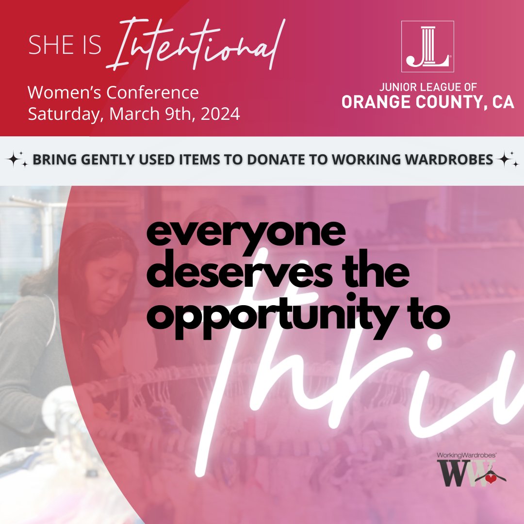 JuniorLeague_OC's tweet photo. 🌟 Exciting News! 🌟 Join us at the Junior League of Orange County, CA She Is... Women's Conference, where Working Wardrobes will be accepting donations! Let's come together to support those in need and make a positive impact! #WorkingWardrobes #SheIsConference #DonateAndServe https://t.co/kw5QWFFefg