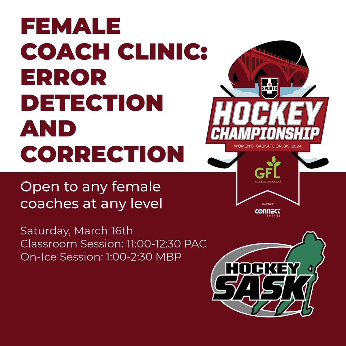 HuskieWHKY's tweet photo. The 2024 GFL U SPORTS Women’s Hockey Championship presented by Connect Energy is less than 2 weeks away! In collaboration with Hockey SK, we are excited to announce an all-female coaches clinic happening on March 16. For more details and to sign up visit https://t.co/zwGn3ssc5l https://t.co/9Pe0wWiCBG