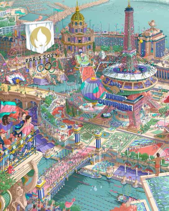 L'image présente une représentation fantasmagorique, très colorée et détaillée de la vision des Jeux Olympiques et Paralympiques de Paris 2024. Elle regorge d’activités 
festives et de bâtiments parisiens réinterprétés. Au premier plan, on y trouve un plongeur, debout sur un plongeoir coloré, qui ouvre les bras vers le reste de l’affiche, représentant Paris comme une ville stade. Il y a des foules de personnes partout, qui se mêlent à des athlètes pratiquant leurs sports et para sports. On peut voir la Tour Eiffel, au centre, coloré en rose, avec un drapeau décoré des anneaux olympiques, en son sommet.