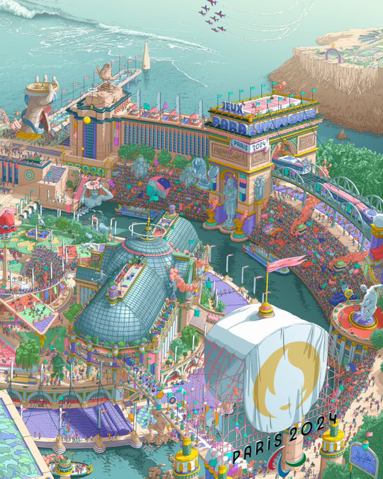 On y retrouve également : 
Les symboles des Jeux avec les Agitos, les anneaux olympique et  la devise olympique…
Les grands marqueurs de l’édition de Paris 2024 avec les mascottes, les médailles, la torche, l’arrivée de la Flamme Olympique à Marseille sur le Belem, le Marathon Pour Tous, les bateaux de la cérémonie sur la Seine… Cette affiche, est construite dans un format dyptique, avec sur la droite, l’affiche paralympique et sur la gauche l’affiche olympique. 
Le texte en bas de l'image annonce les dates de l’événement : « 26 juillet - 11 août 2024" pour les Jeux Olympiques et "28 août - 8 septembre 2024" pour les Jeux Paralympiques.