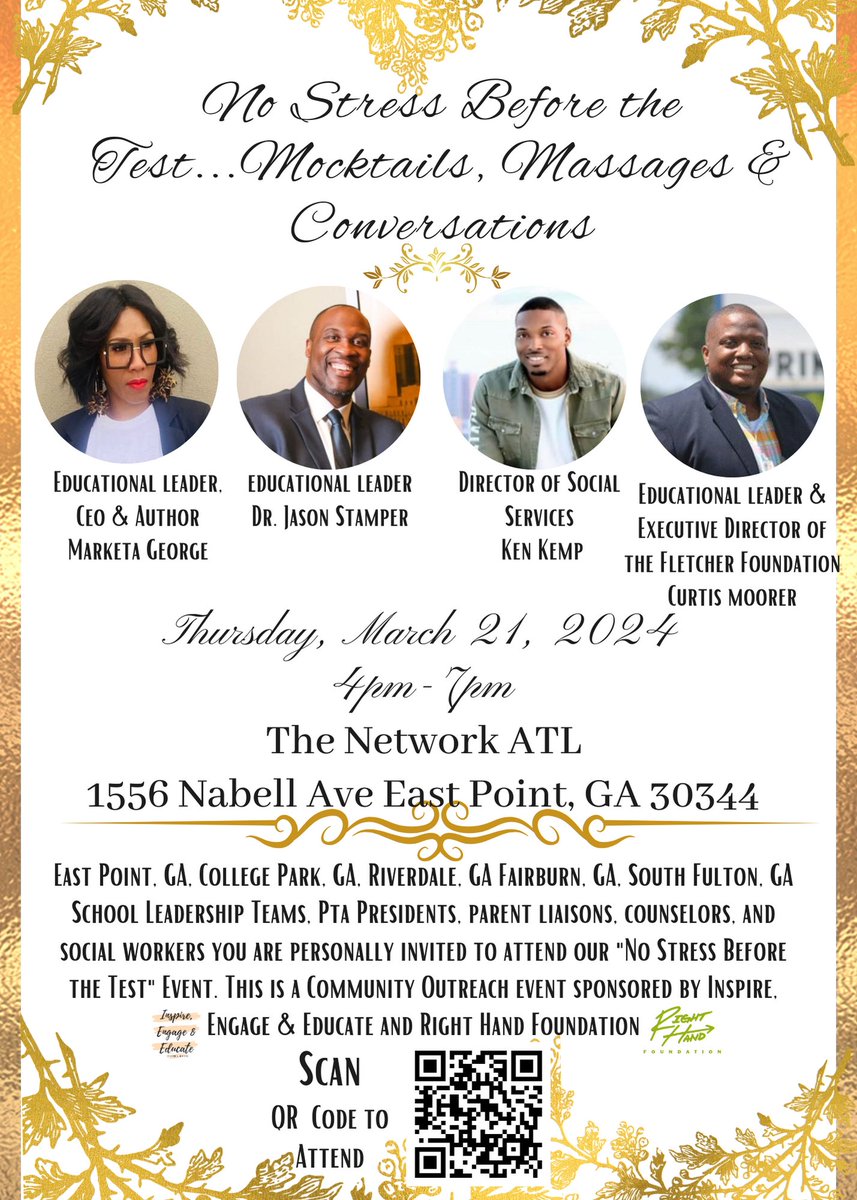 You Are Invited to “No Stress Before The Test” Mocktails, Massages &amp; Conversations 

If your school’s leadership team is located in the Metro Atlanta area, feel free to click the link below to RSVP. 

lnkd.in/dzuYBXsQ