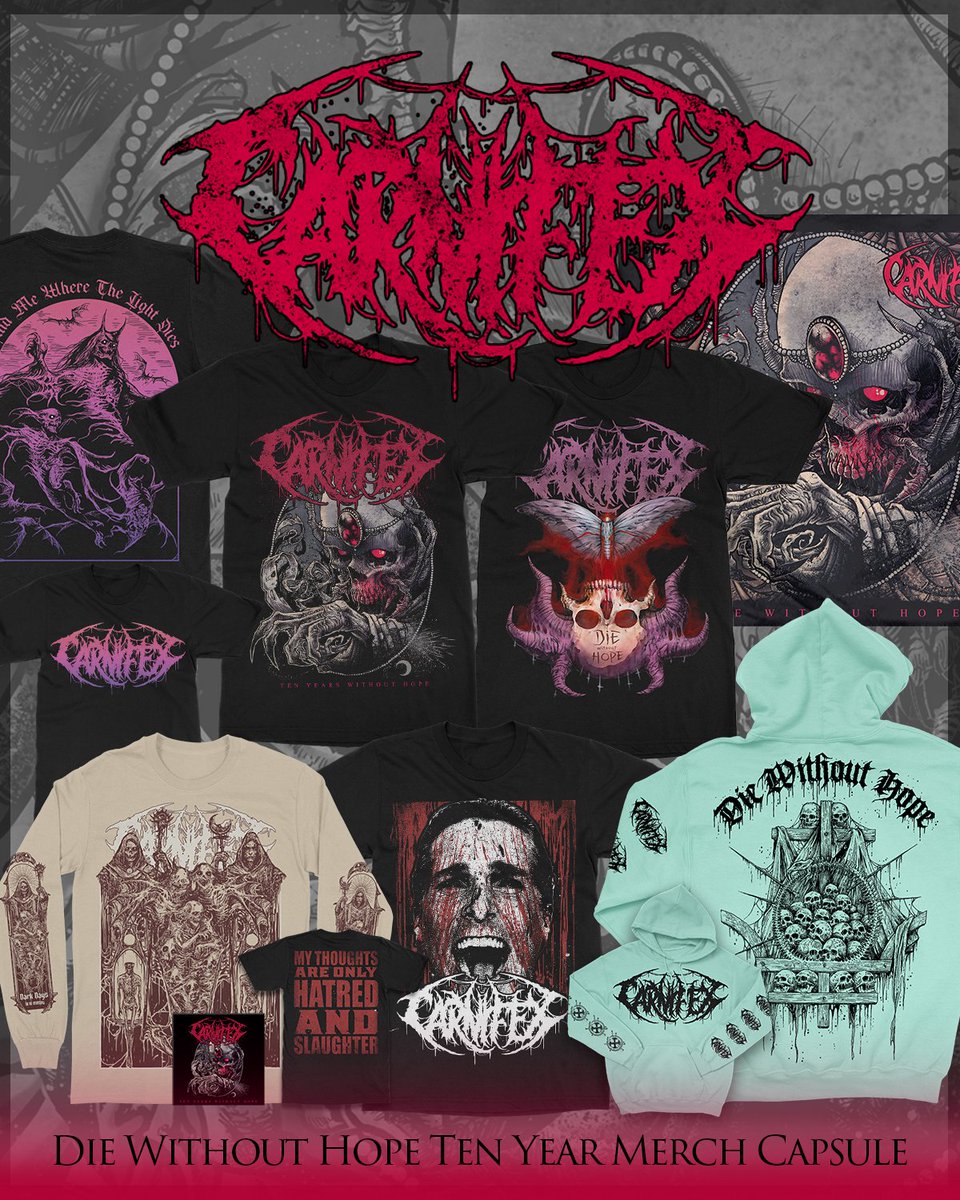 DIE WITHOUT HOPE! Our 5th LP is 10 years old TODAY🥳🎉We’re celebrating by bringing back some designs from that era (including the Patrick Bateman “Hatred and Slaughter” one), along with new ones inspired by it. Join the celebration via @IndieMerchstore at indiemerch.com/carnifex