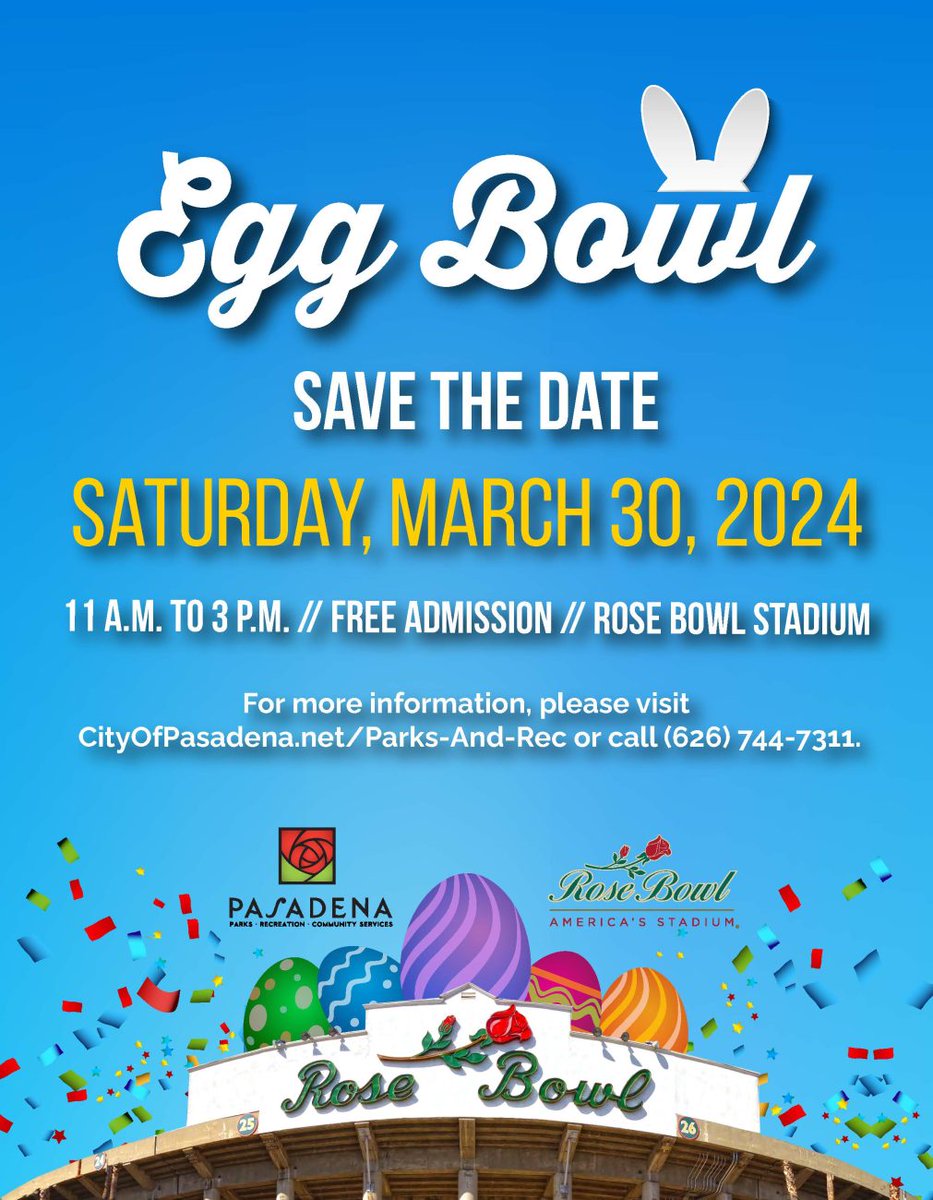 It's time to celebrate! 💐 Pasadena's popular Bunny Brunch & Egg Bowl is returning on March 30th! Looking for a VIP experience? Tickets for the Bunny Brunch at the Terry Donahue Pavilion are now on sale: bit.ly/BunnyBrunchEgg… #RoseBowl #EggBowl #BunnyBrunch