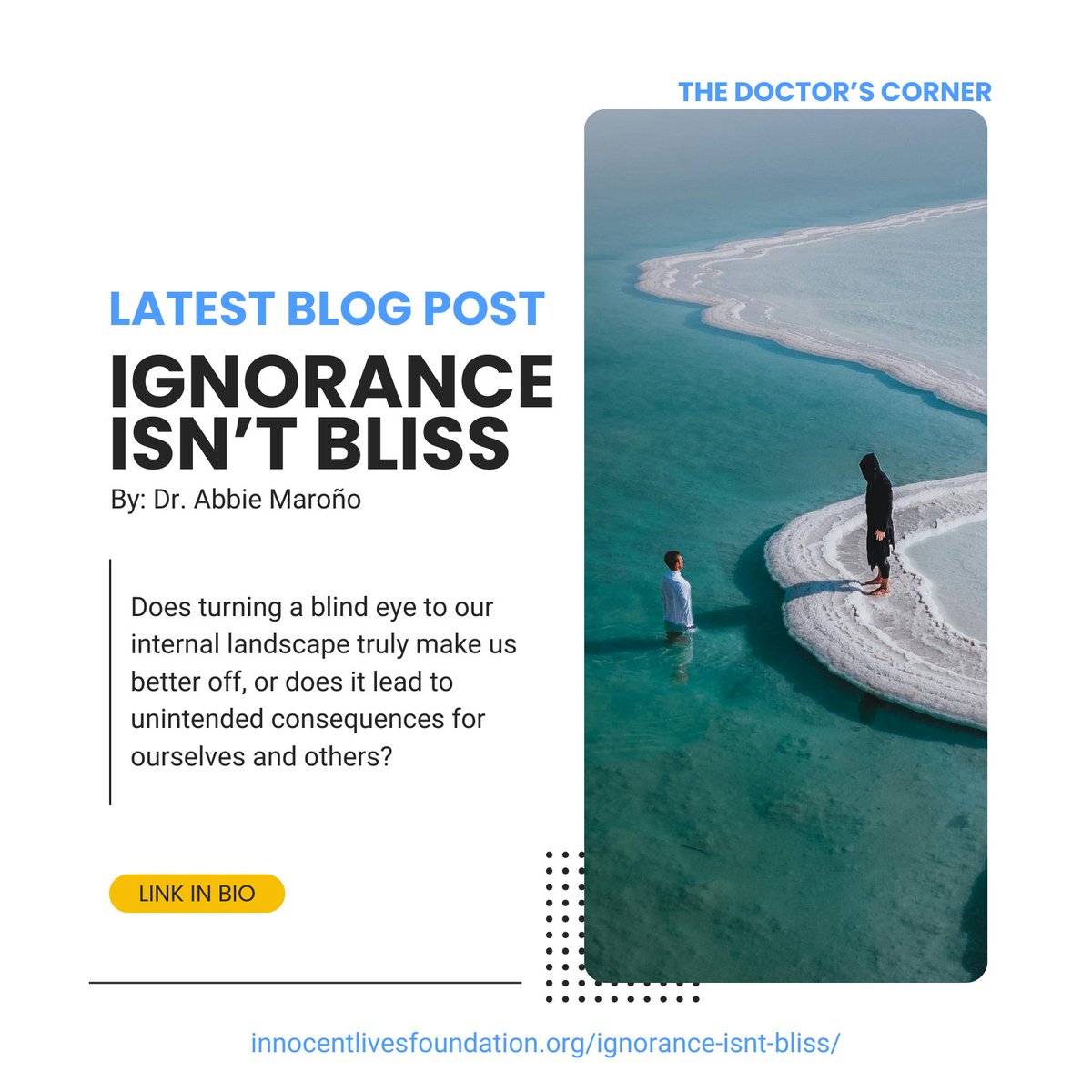 Embracing self-reflection leads to true bliss; ignoring emotions only prolongs the journey. Discover the power of self-awareness in our latest blog 'Ignorance Isn't Bliss' by Dr. Abbie Maroño. #Iam4ILF #TheDoctorsCorner #SelfAwareness Explore more at: innocentlivesfoundation.org/ignorance-isnt…