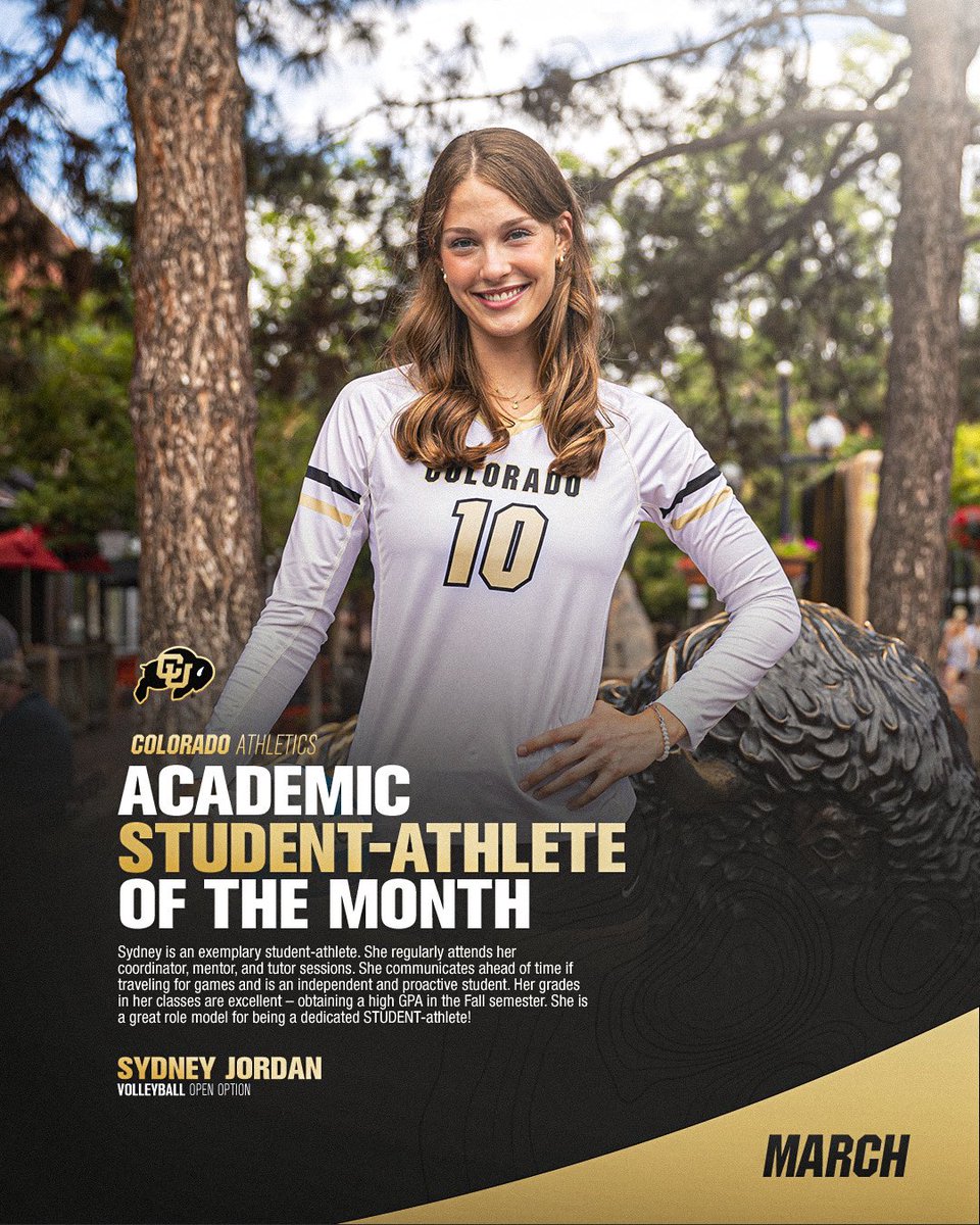 Congratulations to Sydney Jordan @sydney___jordan for being selected as one of our Herbst Academic Center student-athletes of the month for March! @CUBuffsVB @cubuffslead @nfoura12 #HACademcis #GoBuffs #STUDENTathlete