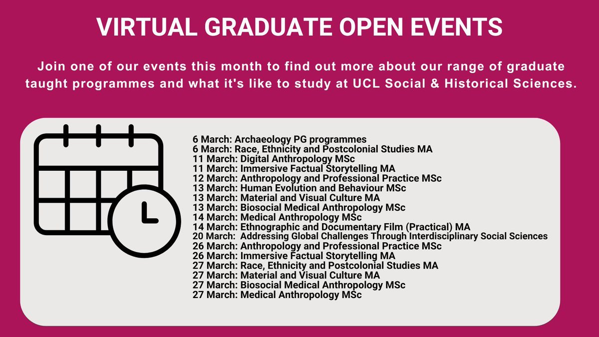 UCLSocHistSci's tweet image. Join us this March for our #UCLGraduateOpenEvents. As a UCL postgraduate you’ll gain a globally-respected degree and learn from world-leading experts to master your field. 

Book your place: buff.ly/41u0HpG

@UCLanthropology 
@UCLgeography
@UCLarchaeology 
@UCL_IAS