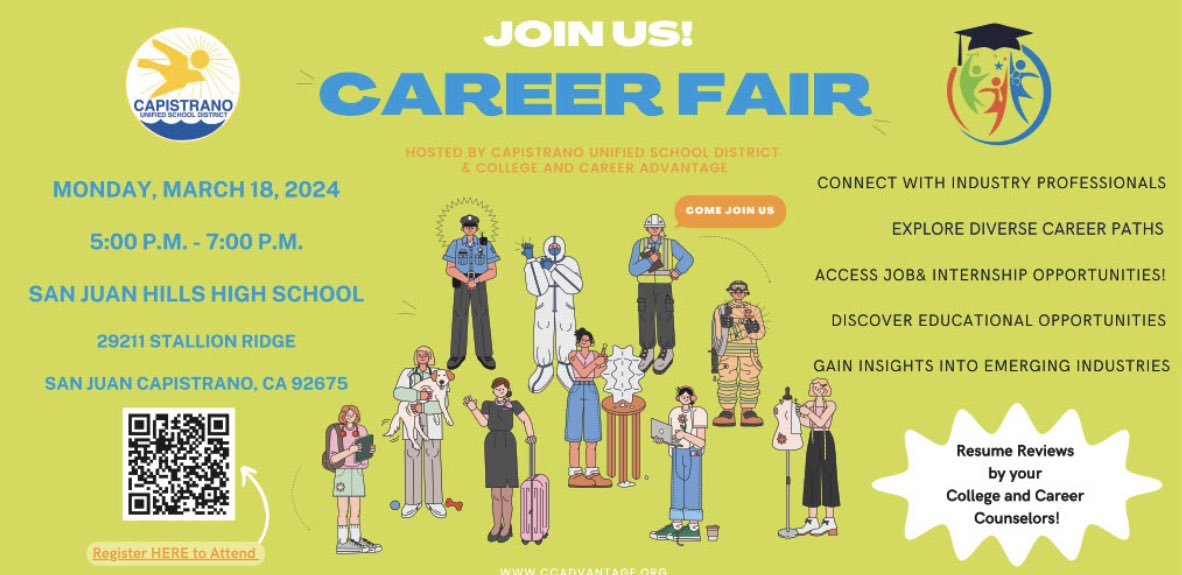 Get ready for an exciting opportunity, CUSD students! The 2024 Career Fair is just around the corner, taking place on Monday, March 18, 2024, from 5-7 p.m. at San Juan Hills High School. Check out all the details in the CUSD Insider story: cusdinsider.org/cca-career-fai… #CTE #CCA