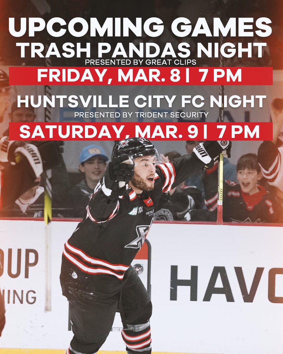 It's Huntsville Sports Weekend!

⚾️ - @TrashPandas Night (pres by. <a href="/GreatClips/">Great Clips</a>) will feature Sprocket and friends!

⚽️ - <a href="/HuntCityFC/">Huntsville City FC</a> Night (pres. by Trident Security) will feature specialty jerseys raising money for the <a href="/HH_Foundation/">Huntsville Hospital Foundation</a> PICU!

🎟️ bit.ly/havoctix