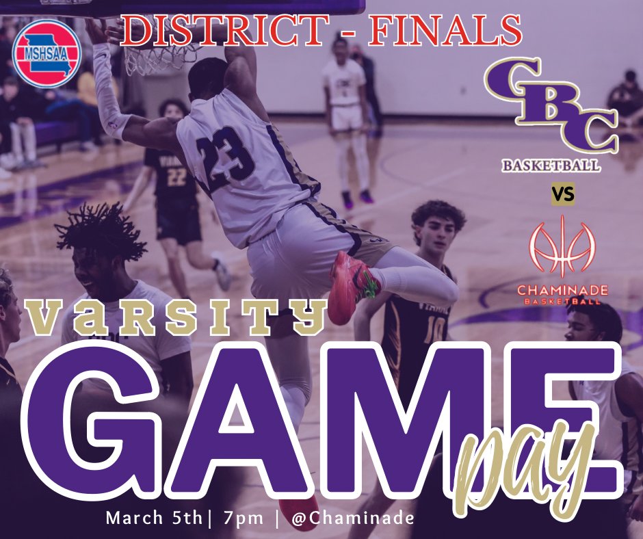 Tomorrow is a big day for Varsity Basketball as they take on Chaminade for District Finals! Game time is at 7:00 PM at Chaminade. Let's fill the stands with purple and gold!! Get your tickets here: mshsaa.org/Tickets.aspx