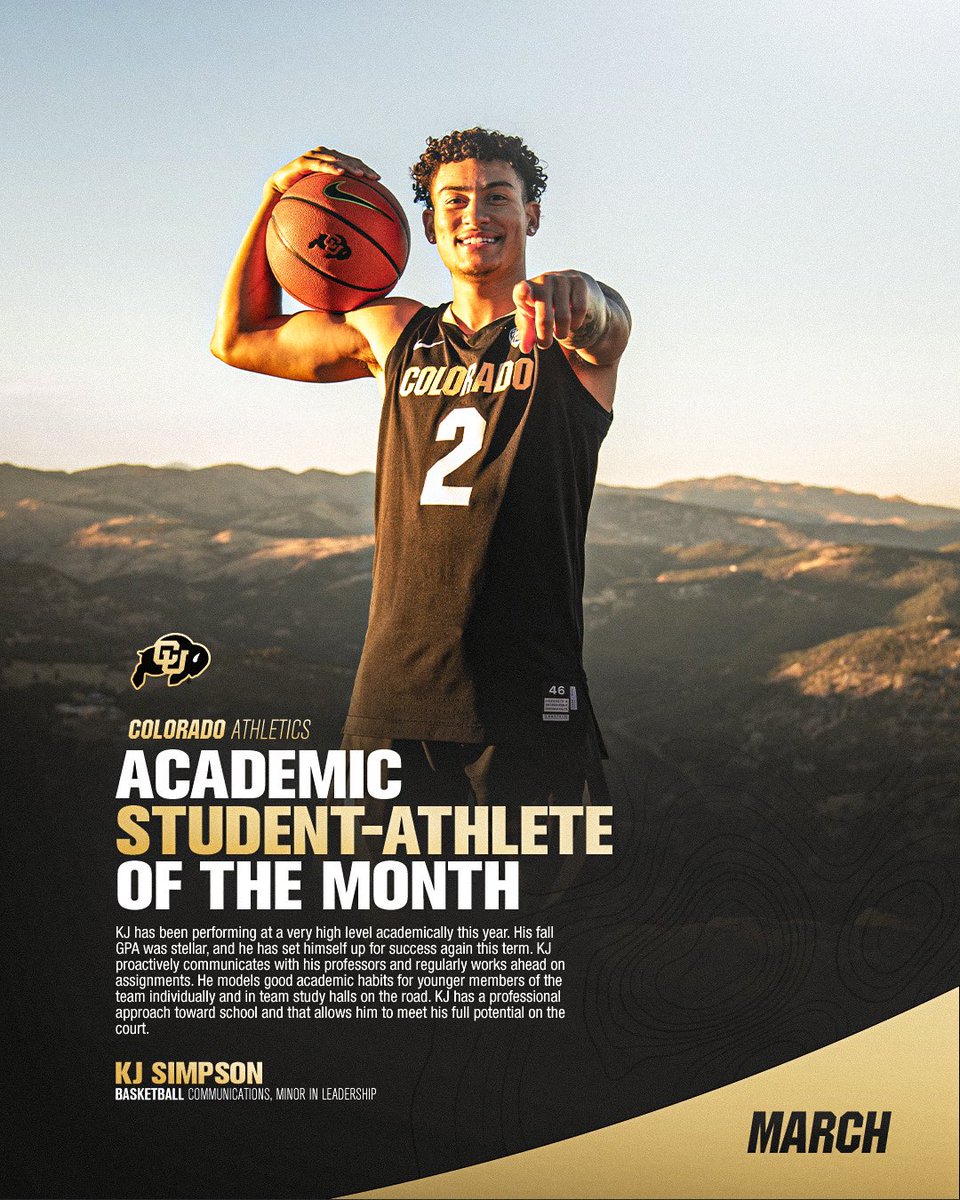 Congratulations to KJ Simpson @KSimpsonJr for being selected as one of our Herbst Academic Center student-athletes of the month for March! @CUBuffsMBB @cubuffslead @nfoura12 #HACademcis #GoBuffs #STUDENTathlete