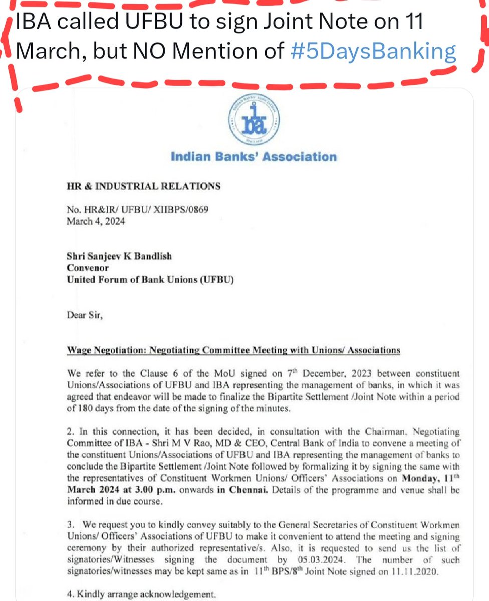 Dear @ChiefIba Why force your views on UFBU Trade Unions to sign the Bipartite settlement without 5 Days Banking? 𝗜𝘁'𝘀 𝗼𝘂𝗿 𝗳𝘂𝗻𝗱𝗮𝗺𝗲𝗻𝘁𝗮𝗹 𝗿𝗶𝗴𝗵𝘁, 𝗮𝗻𝗱 𝘄𝗲'𝘃𝗲 𝗯𝗲𝗲𝗻 𝗳𝗶𝗴𝗵𝘁𝗶𝗻𝗴 𝗳𝗼𝗿 𝗶𝘁 𝘀𝗶𝗻𝗰𝗲 2015. The Officer Majority Trade Union, @aiboc_in,…