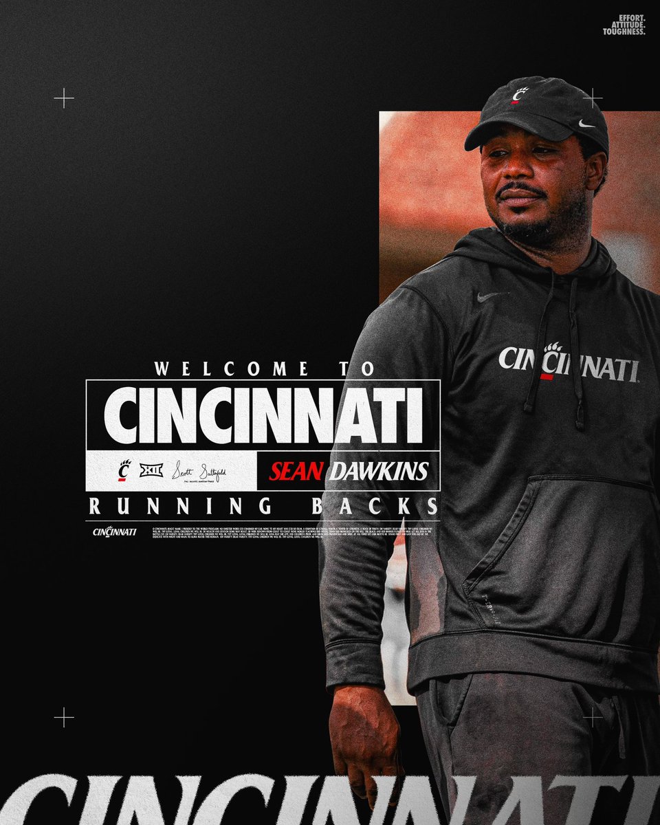 Welcome to Cincinnati, @CoachDawkins1 @CoachSattUC has announced the hire of Sean Dawkins as 𝐑𝐔𝐍𝐍𝐈𝐍𝐆 𝐁𝐀𝐂𝐊𝐒 𝐂𝐎𝐀𝐂𝐇. 🔗: cpaw.me/0e29e6 #TheStrongShallReign x #Bearcats