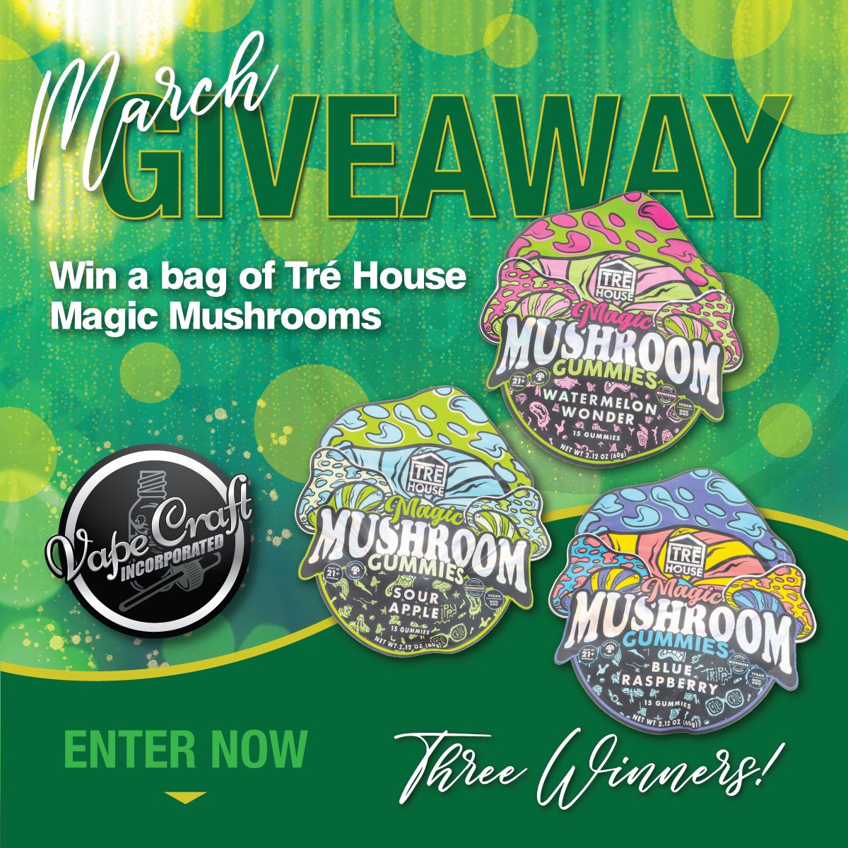 Happy March, we're starting with a different kind of GA prize for the month! One bag of these Magic Mushrooms from Tre House will go out to three lucky winners! Enter via link below.

vapecraftinc.com/giveaways