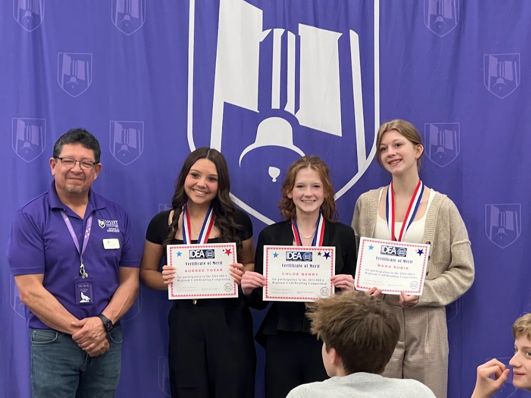 Congratulations to Chloe Berry, Aubree Tovar, and Mara Kubis who placed 1st in the Architectural Design competition at the @IllinoisDEA Regional Competition at @JolietJrCollege. We are so proud of all of your hard work and accomplishments. @LockportHS205 #pltw @PLTWorg