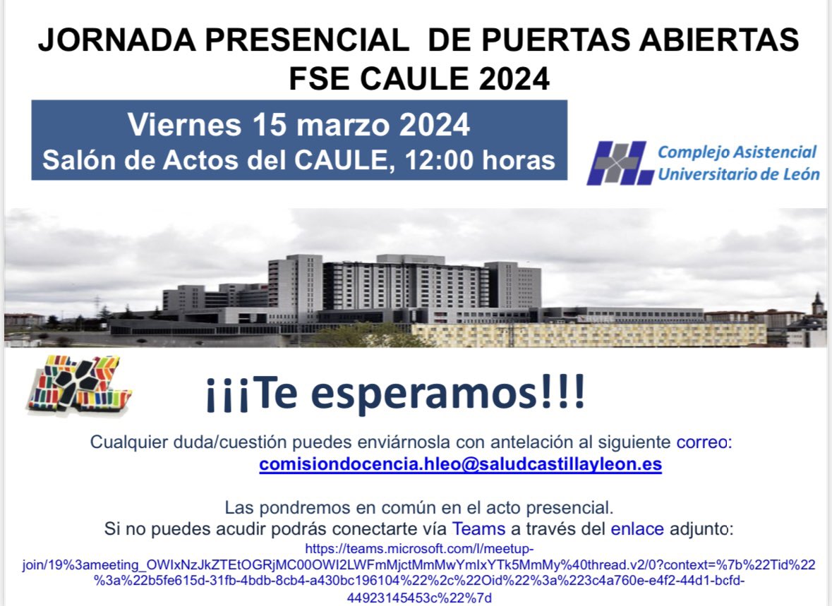¿Decidiendo la plaza para la residencia #MIR2024?
Ven a la Jornada de Puertas Abiertas e infórmate para la residencia en #AnestesiaCAULE 

👤 Acto presencial
🗓️Viernes 15 Marzo 2024
⏰12:00h
📍Salón de actos