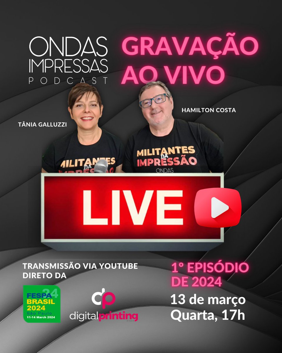 ondasimpressas's tweet image. #ondasnafespa2024 Quem sabe faz ao vivo!
No dia 13, quarta, às 17h, junte-se a nós no canal do Ondas no YOUTUBE para uma LIVE exclusiva sobre as tendências e desafios do universo da impressão. Não perca!