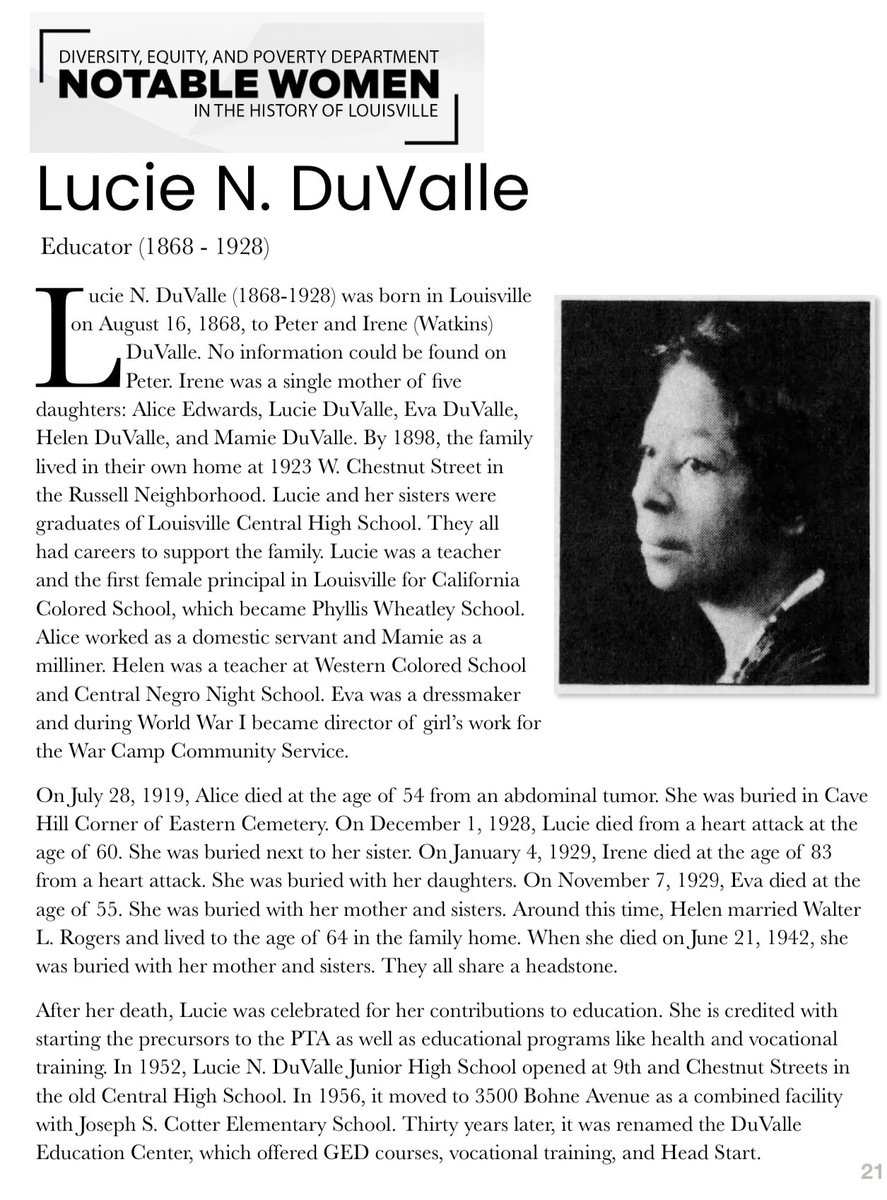 To celebrate Women’s History Month, the March Edition of Envision Equity highlights some notable women in Louisville’s history. Meet the namesake of the Park DuValle neighborhood, and the first female principal of a high school in Louisville, Lucie N. DuValle. #WomenHistoryMonth