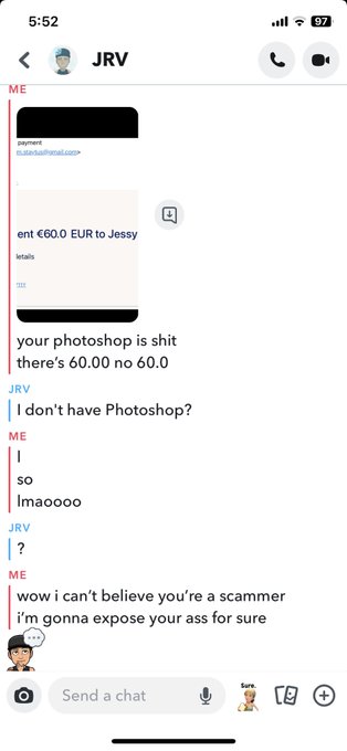 ‼️‼️ SCAM ALERT ‼️‼️  jrv.trxps on snap tried to scam me out of content saying he sent &euro;60 (which btw