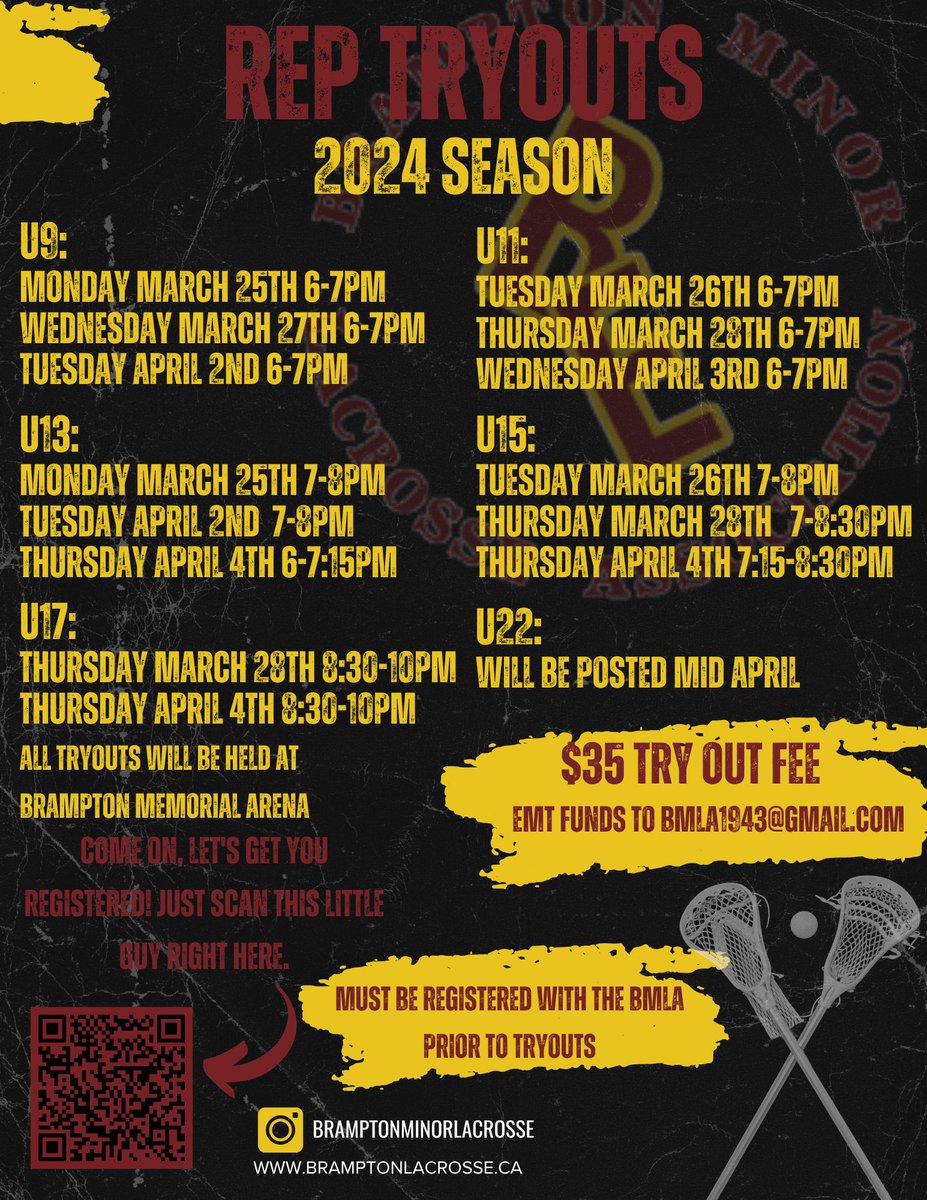 *** change to U17*** Attention Attention Attention!! REP tryout dates announced! Must be registered online prior to tryouts! Must also pay $35 tryout fee prior to hitting the floor! Scan QR code or see website for details. #itsgotime #lax4life #lacrosse <a href="/BMLA1943/">Brampton Minor Lax</a> #brampton