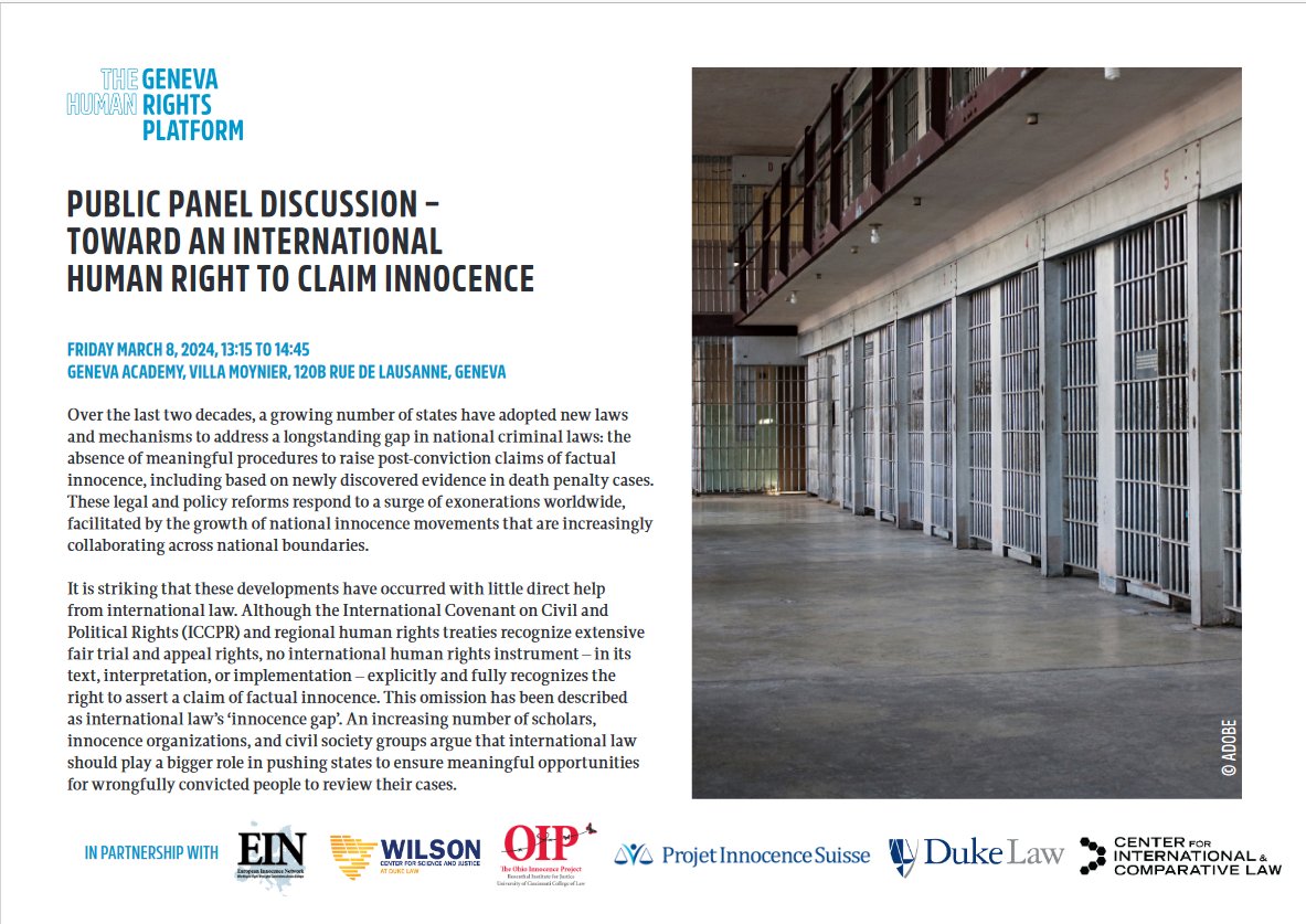 Several states have adopted laws & mechanisms to address a gap in national criminal laws: the absence of procedures to raise post-conviction claims of factual innocence. Join our #GenevaHumanRightsPlatform for an event on the right to claim innocence. geneva-academy.ch/event/all-even…