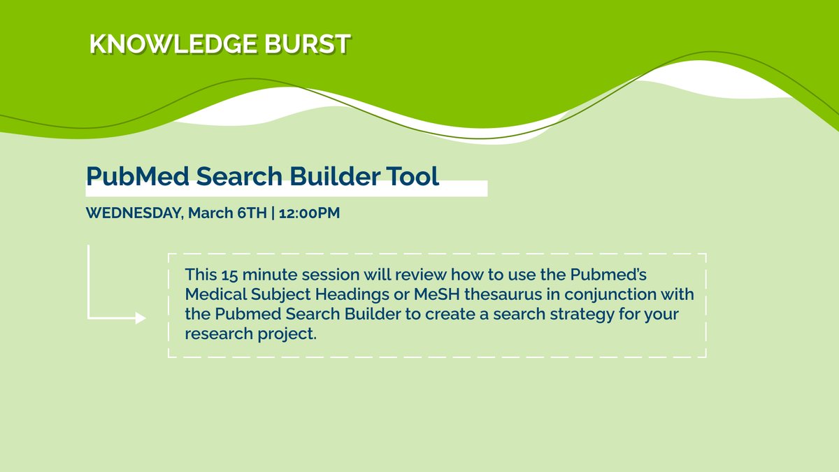 Please join #BrighamBEI for a 'Knowledge Burst: Pubmed Search Builder Tool' session with Medical Librarian @susan_warthman on Wed, 3/6/24, 12 - 12:15 PM! #MedEd #MedTwitter @BWH_STRATUS @BWHWomensHealth bit.ly/kb-pubmed-marc…