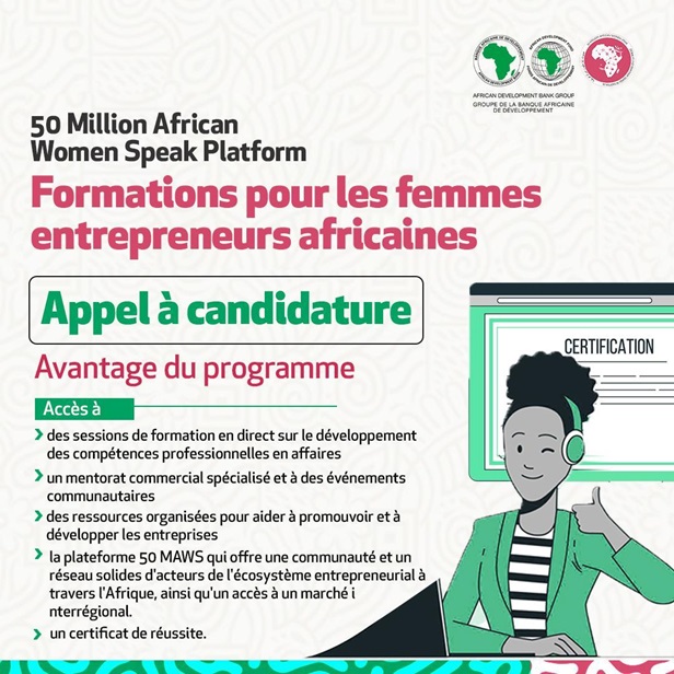 Transformez votre passion en un impact durable!
Le 50 MAWSP cherche à accroître son impact grâce à un programme complet de renforcement des capacités en ligne pour les entrepreneuses.
Rejoignez l'aventure en soumettant votre candidature: bit.ly/3wyLTuu

#femmesafricaines