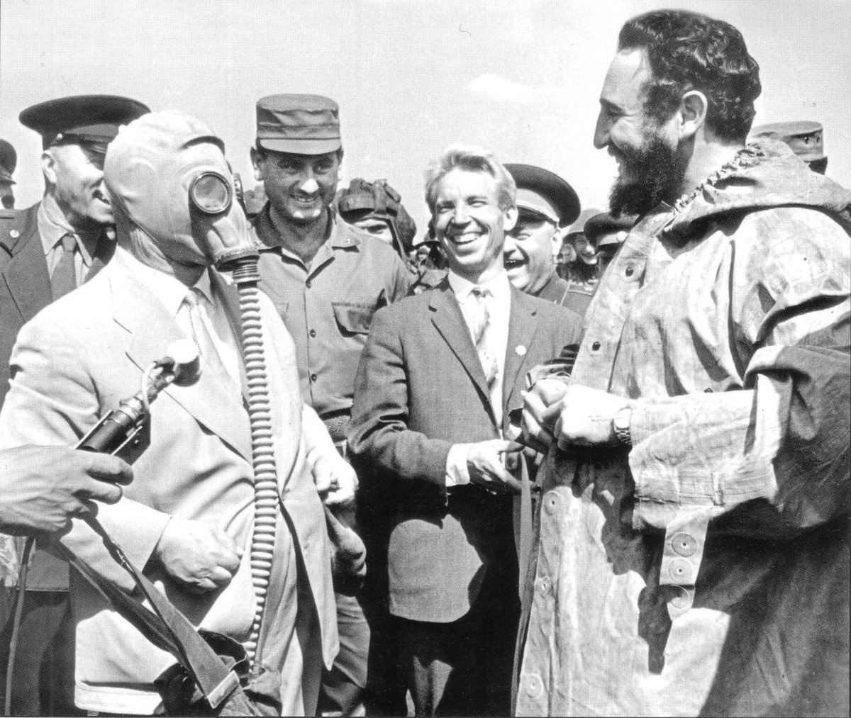 Nikita Khrushchev in a GP-5 gas mask with Fidel Castro, 1963