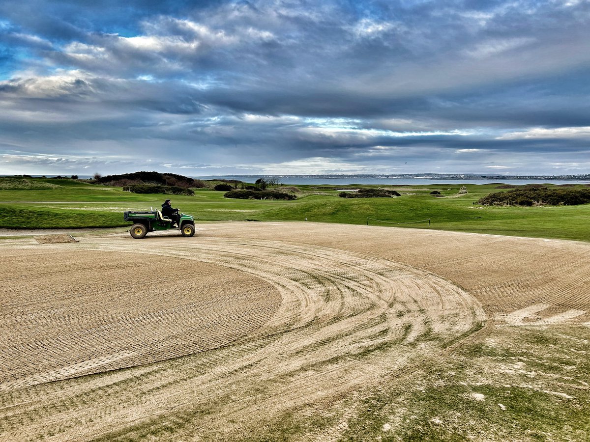 Great work by the team today. 18 greens top dressed with 100 ton of sand , solid tined after and drag matted in fully. Just before the rain came down!!! Hopefully conditions allow us to complete Pot Seeding tomorrow