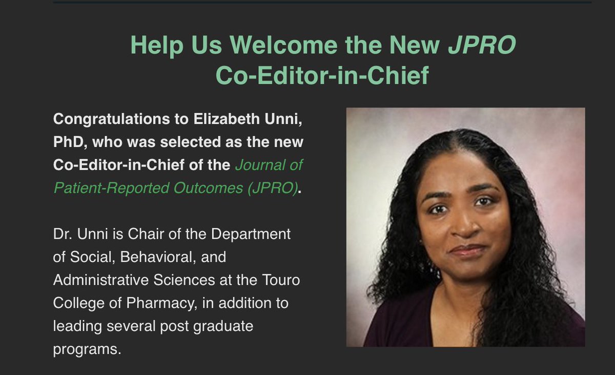 Congratulations to @elizabeth_unni on your appointment to Co-EiC @JPRO_ISOQOL ! Excited to see her influence on the journal! @ISOQOL