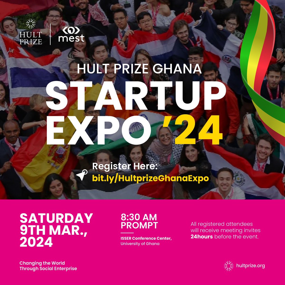 Join us at the Hult Prize Ghana Startup Expo, where groundbreaking startups are paving the way for a brighter future! Venue: ISSER Conference Center(@UnivofGh) Date: 9th March, 2024 Register here: bit.ly/HultprizeGhana… #HultPrizeGhana #StartupsExpo2024 #hultprize