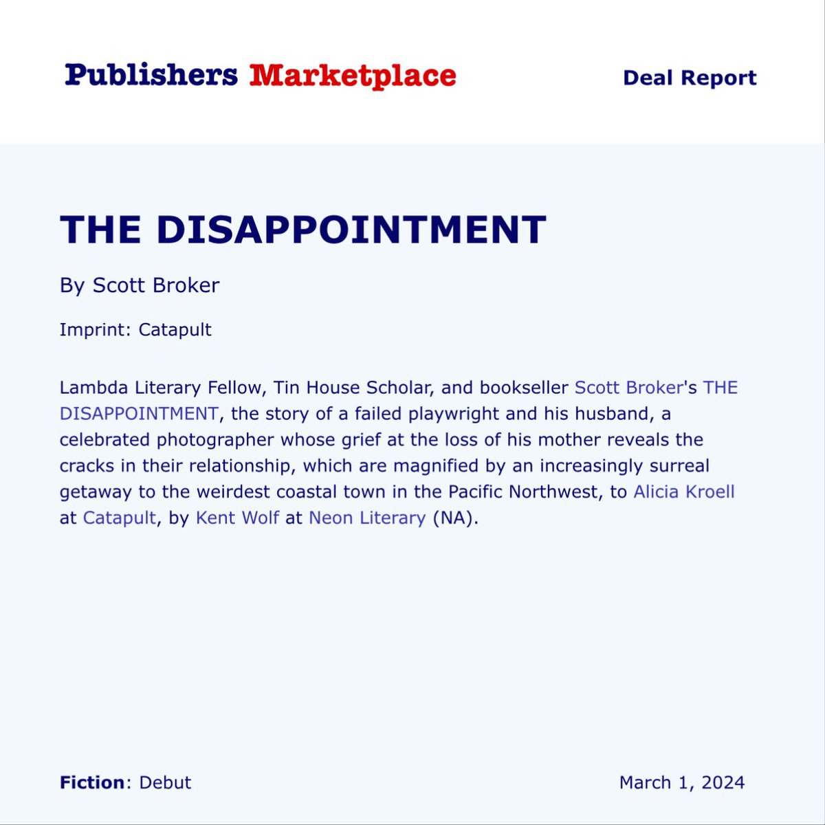 over the moon to share that my debut novel, THE DISAPPOINTMENT, will be published by the wonderful <a href="/CatapultStory/">Catapult</a>. a lifelong dream made real by @alicia_kroell and @kentdwolf. I can’t wait to take you all on this queer and absurd trip to the oregon coast 🤍