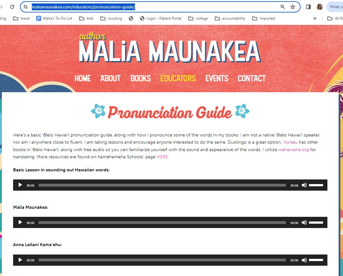 Just had a meeting with some teachers I'm doing a school visit with in May—I still have slots open if you're interested for AAPI month! They had questions on pronunciations of Hawaiian words in my book and are glad to hear about the guide on my website: