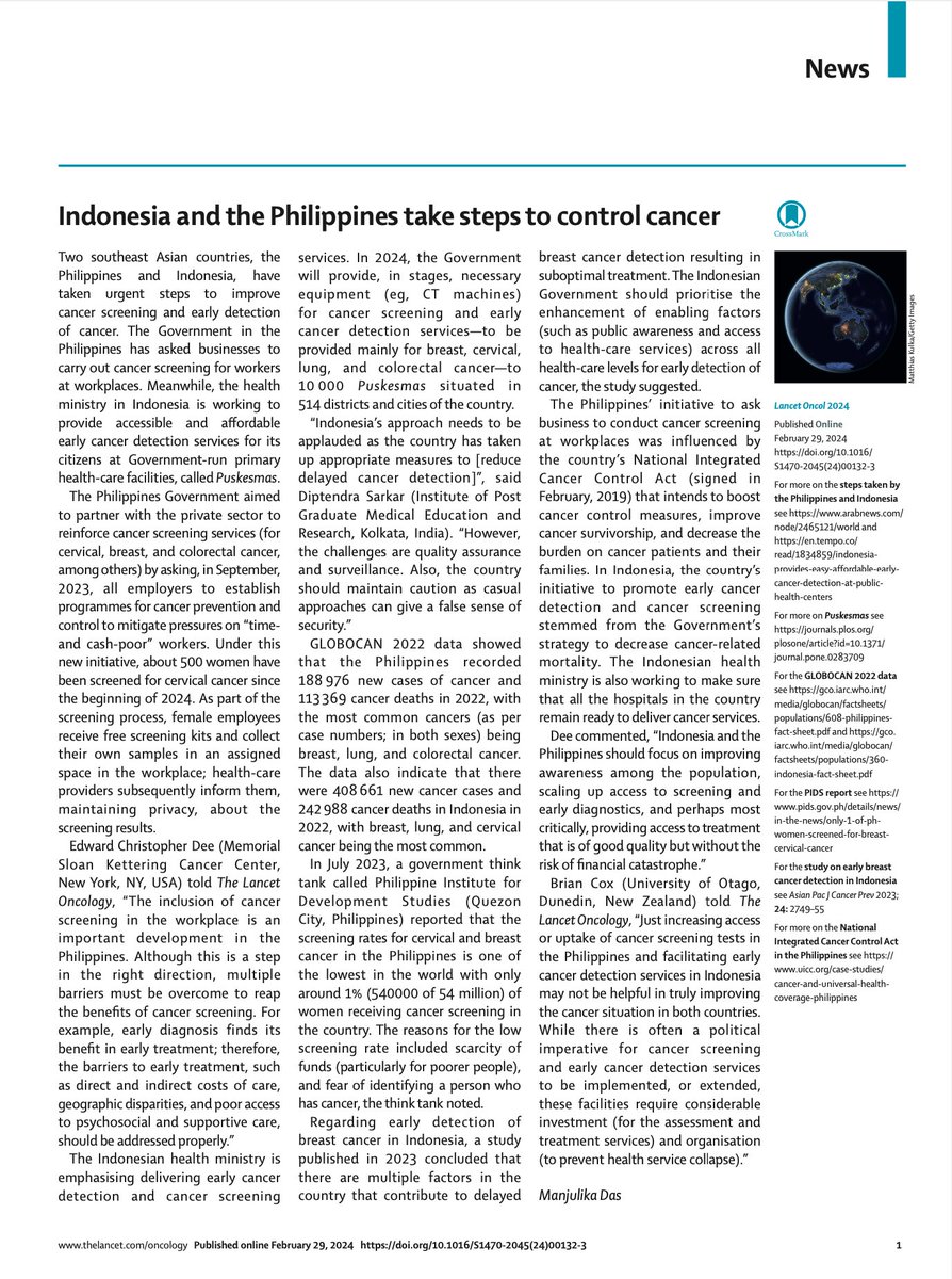 🙏 Honored to be interviewed by @TheLancetOncol on #cancer control in #SoutheastAsia and the #Philippines 🇵🇭 📜 Improved #screening access must be matched by improved access to #affordable and sustainable #treatment 🌏 🔗 thelancet.com/journals/lanon…