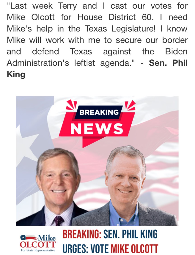 I am humbled to earn @PhilKingTX's vote. Let's go win this! #txlege #HD60