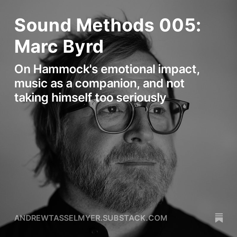 I can't thank Andrew from @hotelneonmusic enough for the opportunity to have a conversation together. I really enjoyed the experience and I hope you'll find it interesting. Listen here (links to various platforms included): andrewtasselmyer.substack.com/p/sound-method… ~ Marc