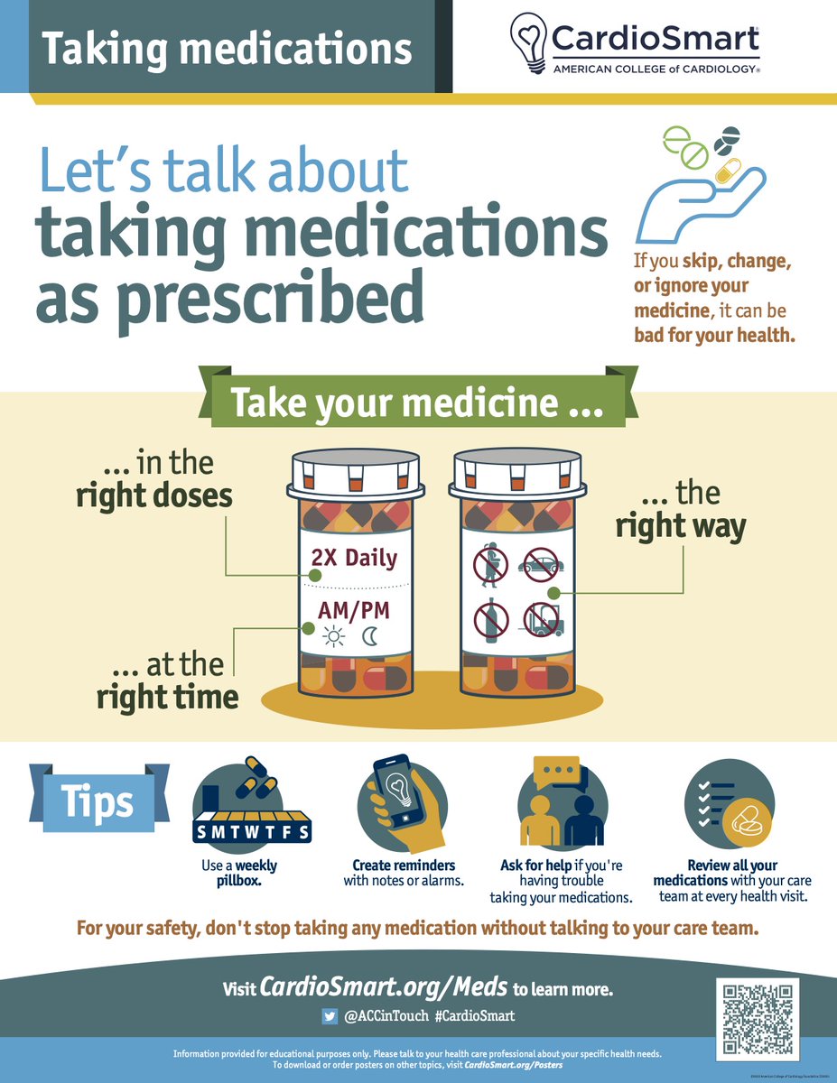For today's #MedicationMonday, we are focusing on medication adherence! What are some ways you remember to take your medication? Thank you to the American College of Cardiology for this information!