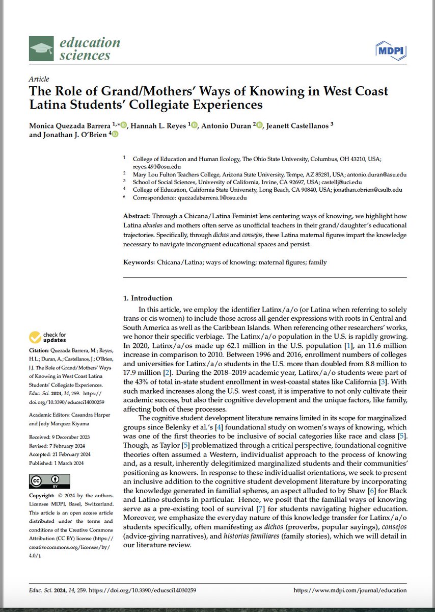 Congratulations to RHE Managing Editor @MonicaQuezada_ for her first author publication in Education Sciences w/ her co-authors PhD student @HannahLReyes & RHE EBM @ant_duran. Read their open access work: mdpi.com/2227-7102/14/3…