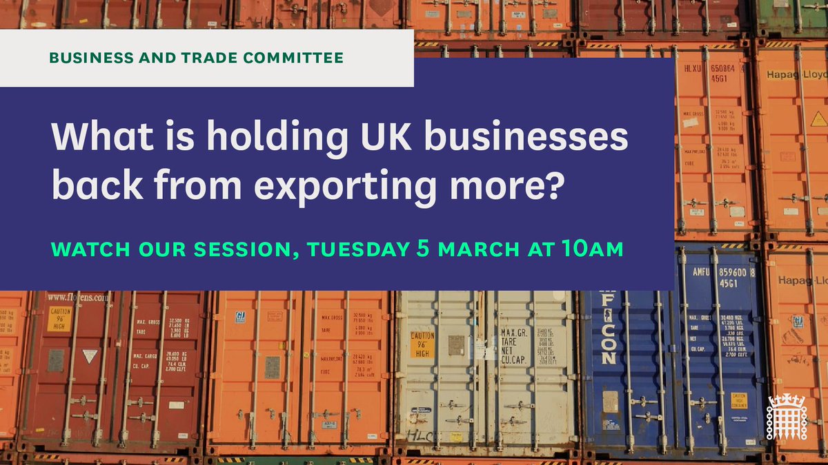 Tomorrow, we’re hearing from trade associations, businesses and experts about the Government’s target of £1tn in annual exports by 2030. 📺Watch it live: parliamentlive.tv/Event/Index/a1…