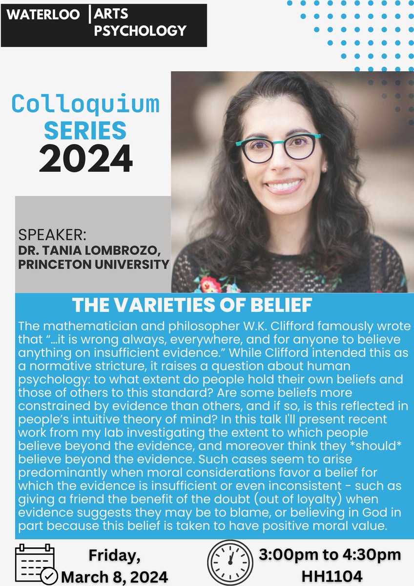 Are some beliefs more constrained by evidence than others, and if so, is this reflected in people’s intuitive theory of mind? Dr Tania Lombrozo will speak on this and the varieties of belief at the next department colloquium. ⤵️ 🗓️March 8, 2024 ⏲️3-4:30pm 📌HH1104