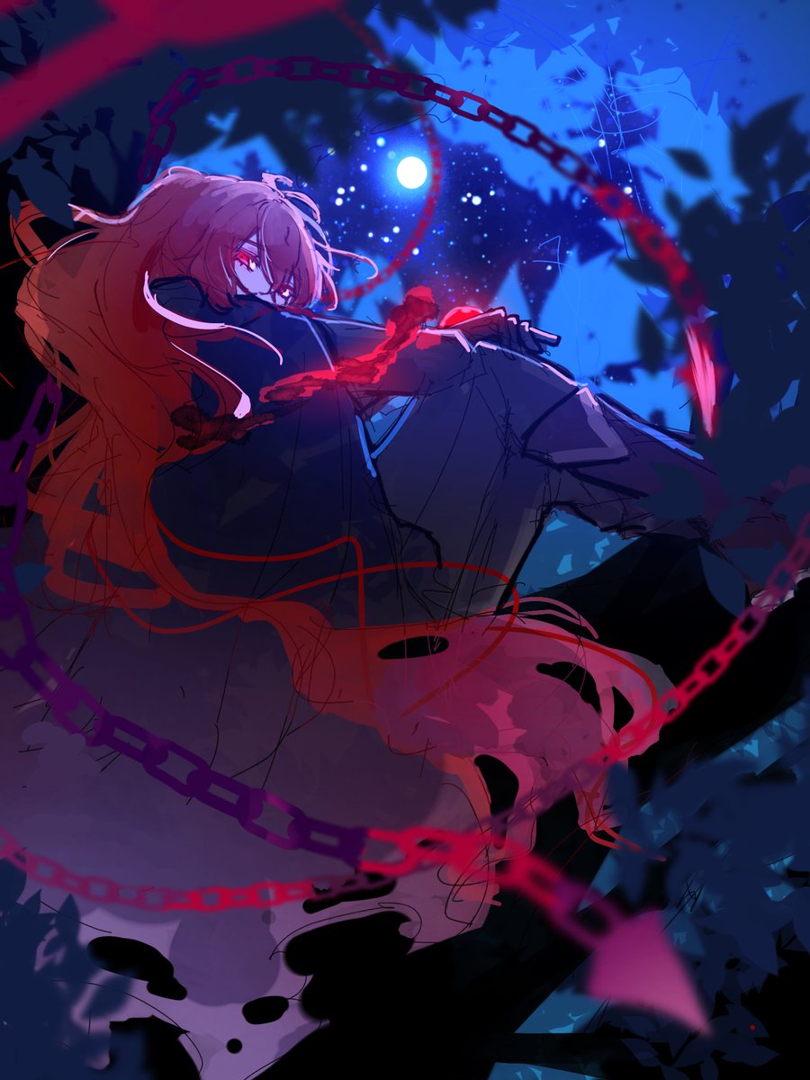 1boy long hair male focus red eyes solo chain red hair  illustration images