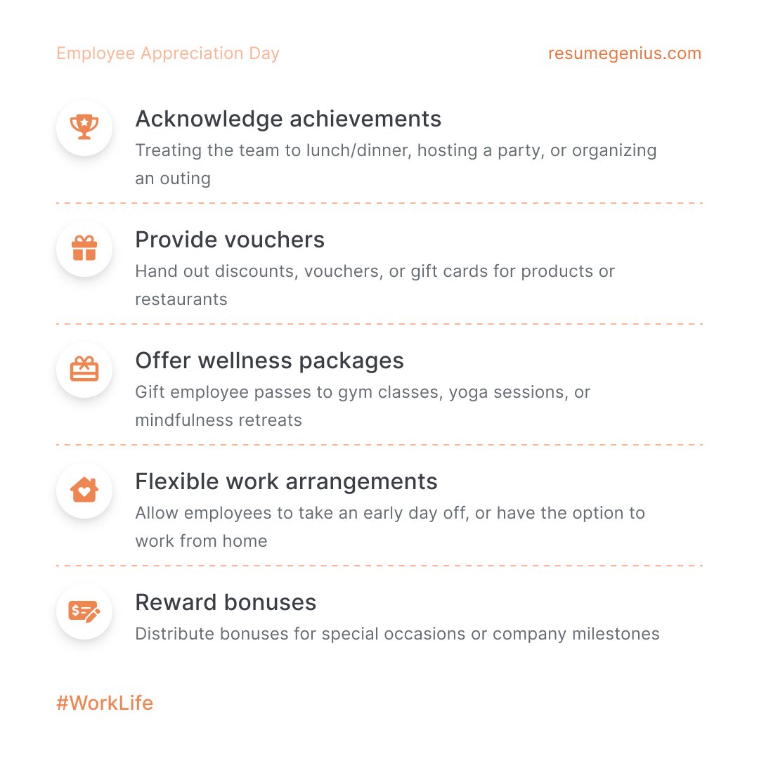 TheResumeGenius's tweet image. Last Friday was Employee Appreciation Day!  🎉 Making efforts to celebrate and show appreciation is important for creating a positive work environment and increasing team spirit. 

#employeeappreciation #worklife #officeideas