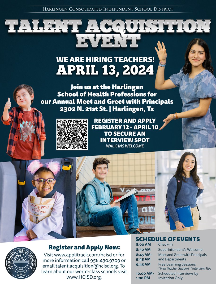 We are hiring teachers! 🍎 Join us for our annual Meet and Greet with Principals on April 13. Visit loom.ly/FMrQUjI to register. Please see flyer for more information.